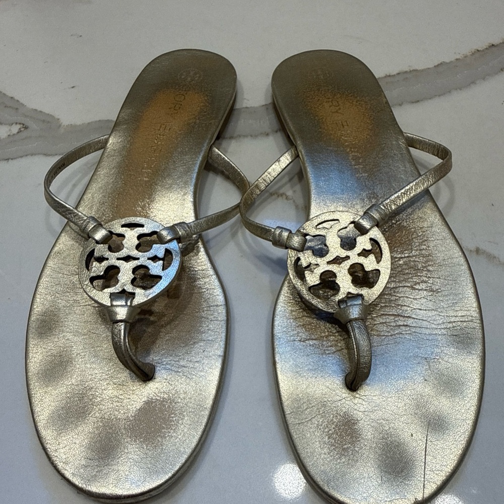 Tory Burch Miller Metallic Matte Gold Logo Thong Sandals